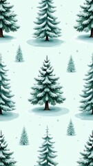 Obraz premium A seamless pattern of snowy pine trees on an icy blue background. Detailed branches dusted with snow evoke the serenity of a winter forest, perfect for seasonal designs and decor.