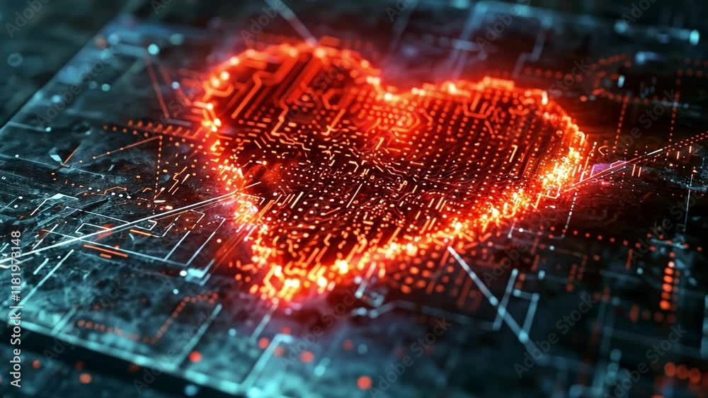 Poster A glowing heart symbol is embedded within a complex digital circuit design, radiating bright colors. This artwork reflects themes of technology and emotion, creating a captivating visual composition.