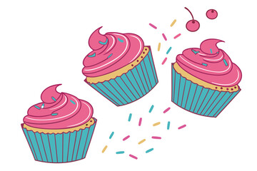 Colorful cupcakes, vibrant pink frosting, blue cupcake wrapper, sprinkles, whimsical dessert, floating pastries, high-contrast, white background, delicious treats, photorealistic, 3D rendering, glossy