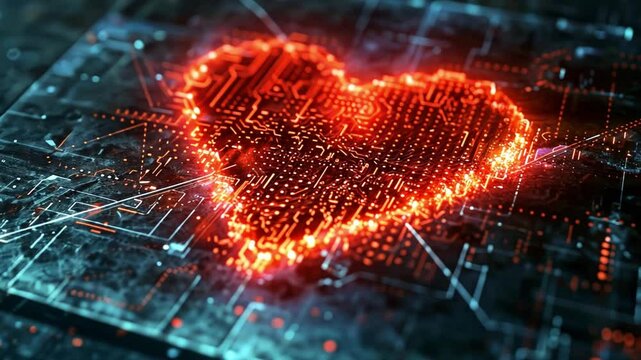 A glowing heart symbol is embedded within a complex digital circuit design, radiating bright colors. This artwork reflects themes of technology and emotion, creating a captivating visual composition.