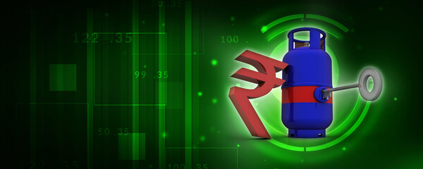 3D rendering illustration Gas Cylinder with indian rupee protection key
