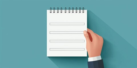 A hand holds a blank notepad with lines, set against a teal background, suggesting planning, note-taking, or brainstorming.