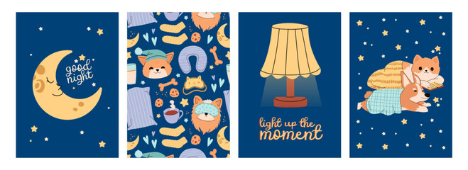 Sweet dreams, good health concept. Vector illustration of dog and cat in bed, night sky, stars. Design template with pose of sleeping for flyer, layout