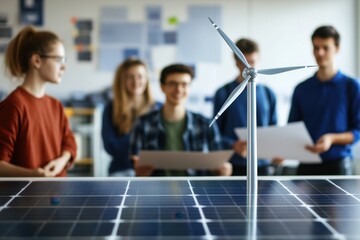 Group of students presenting renewable energy projects with wind turbine and solar panels