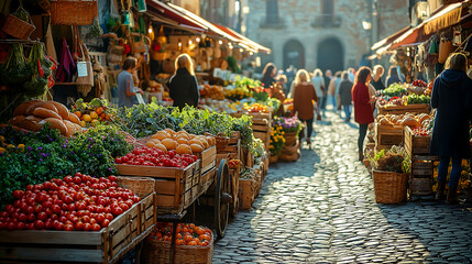 Obraz premium European Farmers Market with Fresh vegetable and Artisanal Goods on a Sunny Day