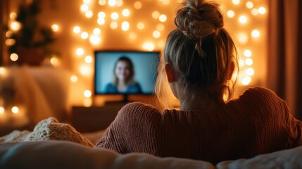 Naklejka premium A serene scene of a woman watching a screen, illuminated by fairy lights in the background, evoking warmth and comfort in a cozy setting during an evening.