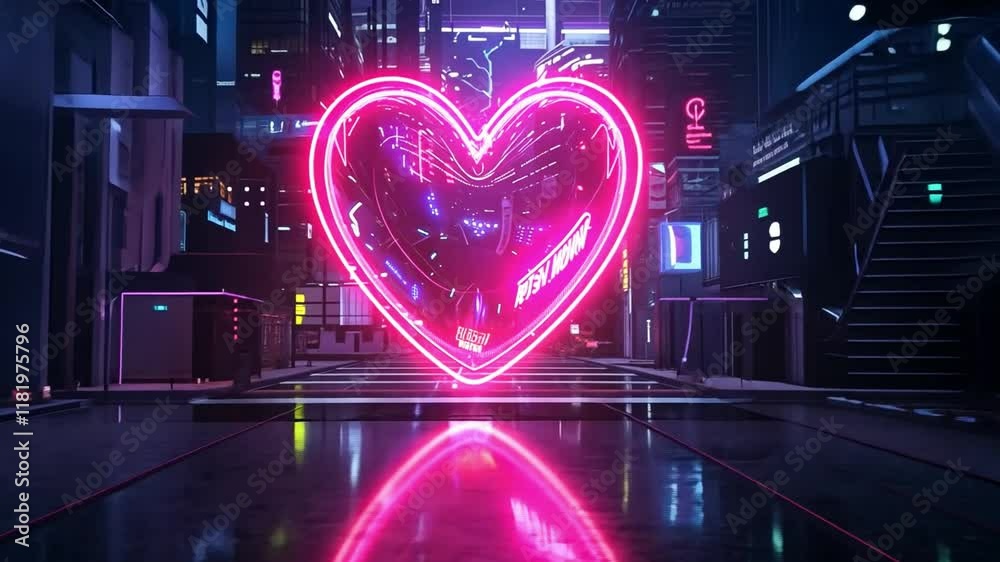 Poster a large neon heart pulsates in a high-tech urban environment, reflecting colorful lights on shiny su