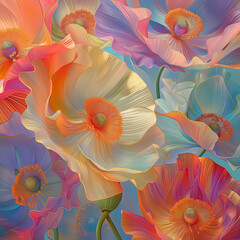 A vibrant and colorful array of poppies in various shades, with the petals painted in hues like pink, orange, yellow, blue, green, and purple. 