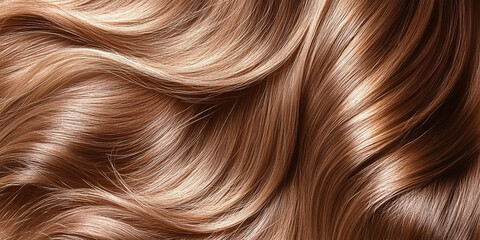 Naklejka premium Closeup of shiny brown hair strands with a wavy, smooth texture and rich highlights, emphasizing the natural, healthy sheen of vibrant hair.
