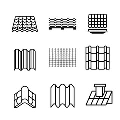 Roof, housetop construction materials, waterproofing icon set.