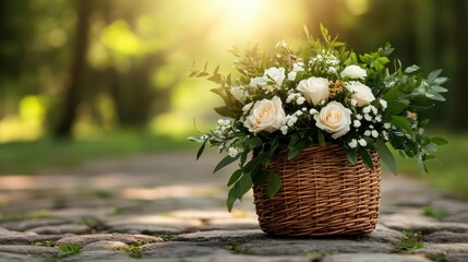 This stunning floral arrangement features soft cream roses surrounded by delicate greenery, beautifully composed in a natural wicker basket, perfect for any occasion.