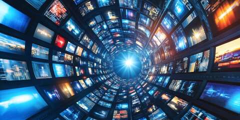 Abstract depiction of a futuristic digital data tunnel with bright blue and orange screens displaying information, creating a sense of motion and technology.