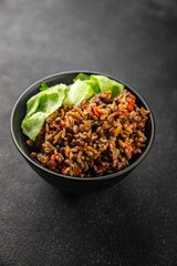 Rice lentil and vegetables snack fresh tasty food dish vegetarian vegan food no meat delicious gourmet food background on the table rustic food top view copy space keto and paleo diet