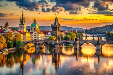 Fototapeta premium Prague Charles Bridge Vltava River Magical Landscape - Stunning Old Town View