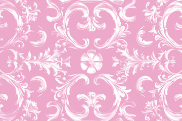 pastel pink ornate damask pattern with vintage floral filigree, baroque motifs, elegant rococo curls, and decoration for romantic wedding and classic victorian design