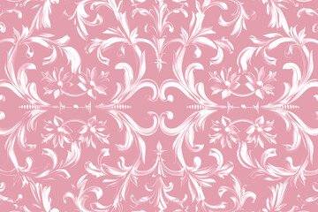 pastel pink ornate damask pattern with vintage floral filigree, baroque motifs, elegant rococo curls, and decoration for romantic wedding and classic victorian design