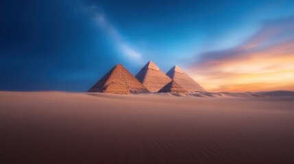 The mystical Great Pyramids of Giza bathed in the warm glow of sunset, highlighting their architectural brilliance and historical significance against a vibrant sky.