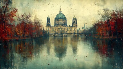Fototapeta premium Autumnal view of a cathedral reflected in calm water, surrounded by colorful trees.