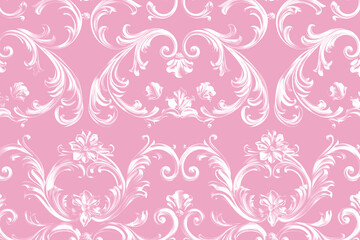 pastel pink ornate damask pattern with vintage floral filigree, baroque motifs, elegant rococo curls, and decoration for romantic wedding and classic victorian design