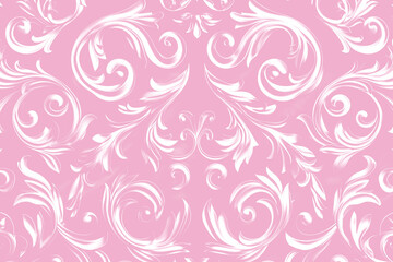 pastel pink ornate damask pattern with vintage floral filigree, baroque motifs, elegant rococo curls, and decoration for romantic wedding and classic victorian design