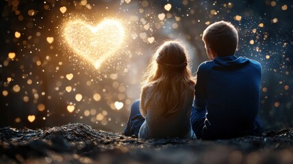 Obraz premium A couple enjoying a holographic fireworks display in a secluded forest, glowing heart-shaped patterns forming in the sky, fantasy, vibrant, dynamic.