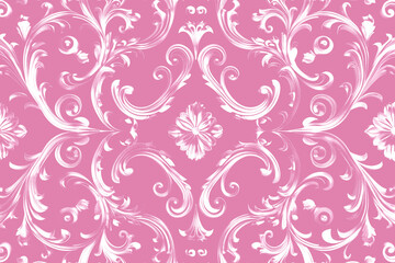 pastel pink ornate damask pattern with vintage floral filigree, baroque motifs, elegant rococo curls, and decoration for romantic wedding and classic victorian design