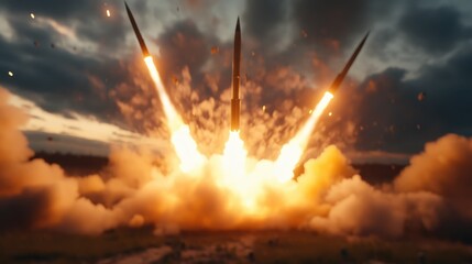 This dramatic image showcases a powerful missile launch scene, capturing the immense explosion and dynamic movement of the missiles against a stormy sky.
