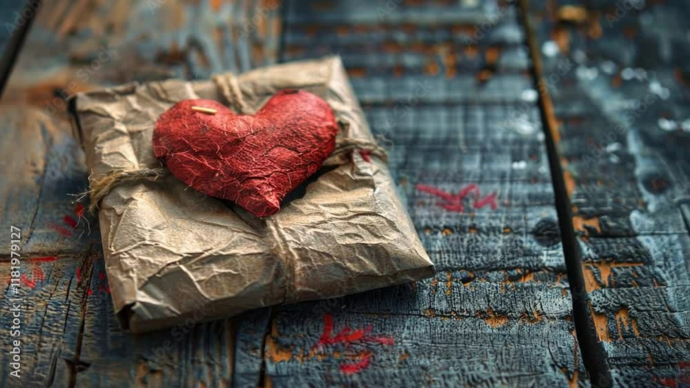 Poster a beautifully wrapped package adorned with a red heart sits on a rustic wooden table. the natural te