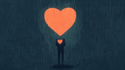 A lone figure holding a glowing heart lantern in the rain, mysterious and moody, dark tones, and soft light, digital illustration.