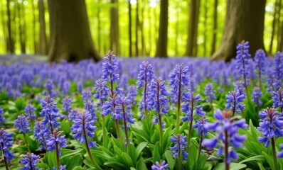 Vibrant blue flowers in spring forest