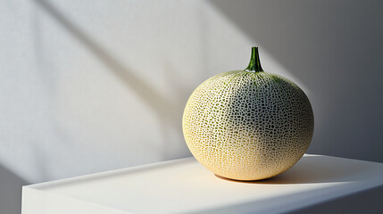 A single cantaloupe rests on a minimalist surface, illuminated by soft light and shadows.