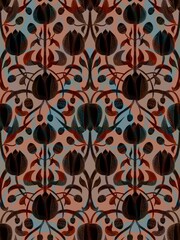 This seamless pattern features elegant purple tulips with green leaves on a dark background, creating a sophisticated and stylish floral design.