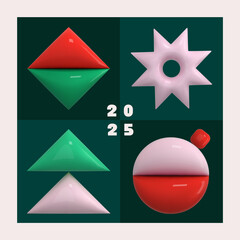 Geometric Xmas card. 3d abstract winter holiday icons on grid. Christmas tree, star, snowflake, rhombus,Christmas ball green square shape. Geometric pattern. New year decoration season vector elements