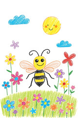 Color Pencil Drawing for Kids: Happy Bee in a Flower Field - Generative AI
