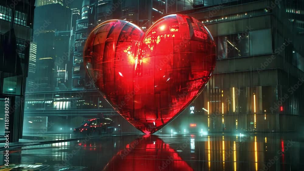 Poster a large, glowing red heart sculpture stands prominently in a neon-lit urban environment, reflecting 