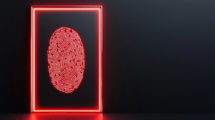 A vibrant red fingerprint illuminated in a glowing frame against a dark background, symbolizing identity and security.