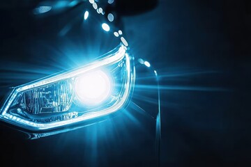 Car headlight shining, night road, blue light, bokeh background, automotive ad