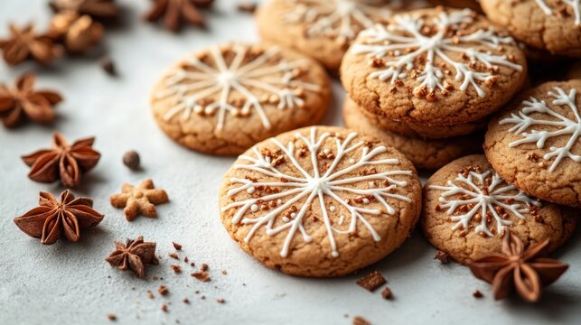 Stack of snowflake-decorated Christmas cookies with spices.