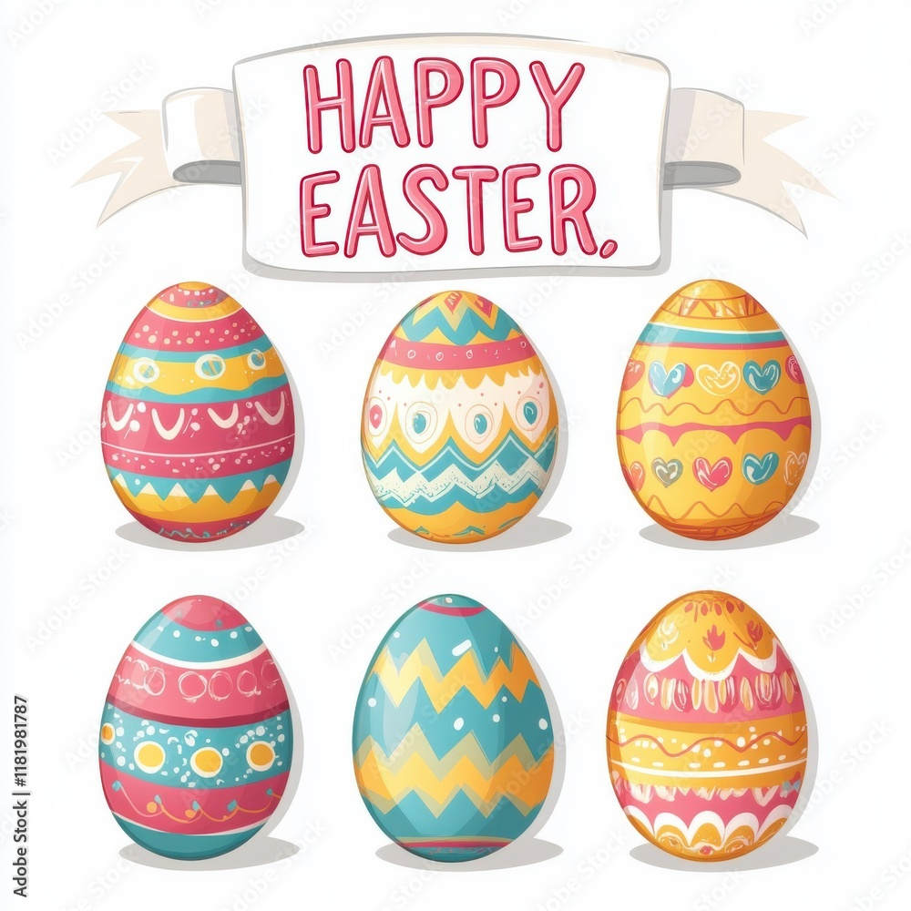 Aufkleber Vector illustration of a set of happy Easter eggs with decorative patterns and a ribbon banner on a white background, in a cartoon style.