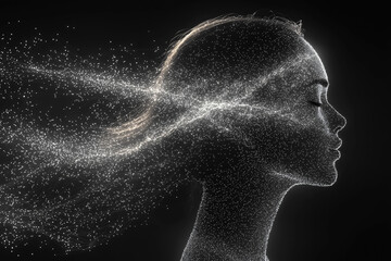 Caucasian Woman Profile Silhouette Dissolving Particles Abstract Digital Transformation Concept Mysterious Ethereal Fading Identity