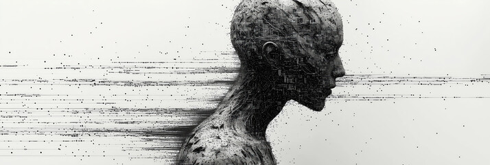 Fototapeta premium Dissolving Silhouette Abstract Human Profile Transformation Digital Fragmentation Modern Concept