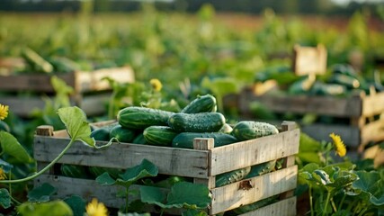wooden boxes with cucumbers on summer field