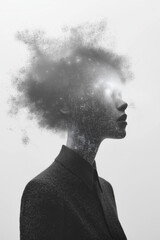 Caucasian Woman Silhouette Dissolving Particles Digital Transformation Future Concept White Background