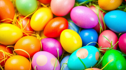 Obraz premium Colorful Easter eggs nestled in straw. A vibrant spring celebration of color and tradition.