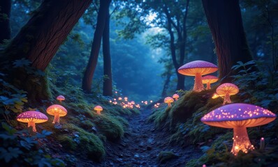 Enchanted forest with glowing mushrooms