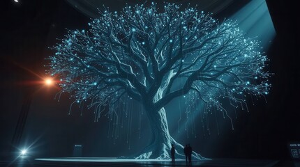 A striking, illuminated tree with glowing branches stands tall, casting enchanting shadows as two figures admire its beauty in a darkened space.