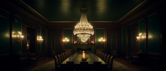 Fototapeta premium guest room featuring a velvet-upholstered bed in deep green, gold-accented nightstand