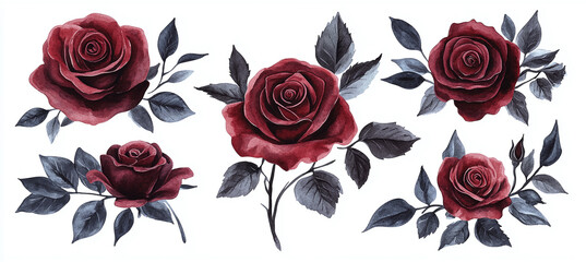 A collection of red roses and leaves painted in watercolor style on a white background. The floral design is elegant, artistic, and detailed.