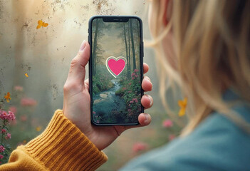 a hand holding a modern phone, heart social media badge, generated via ai