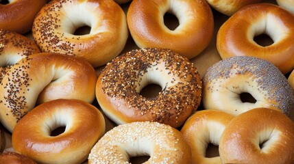 Assorted fresh bagels with toppings: sesame, poppy seed, onion, and plain varieties National Bagel and Lox Day